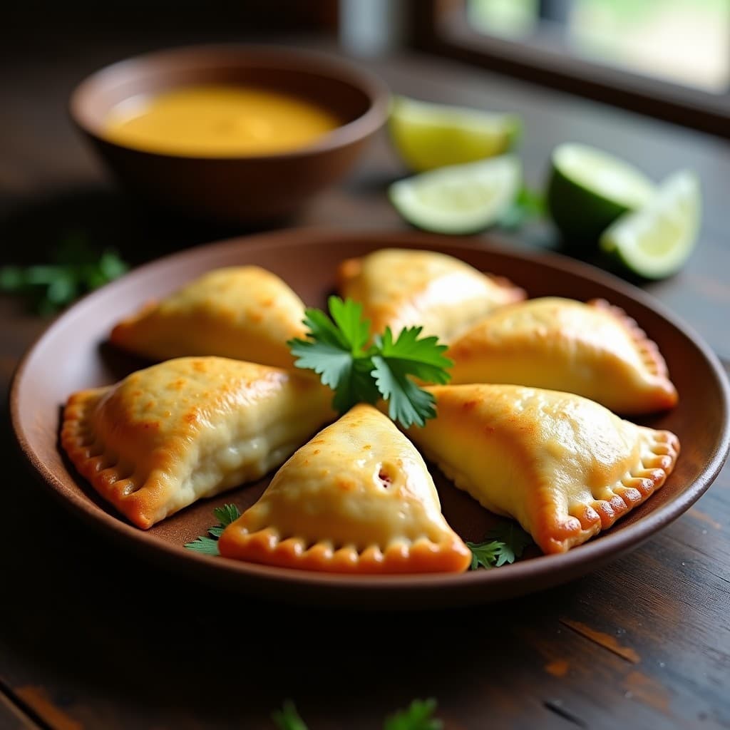 Empanadas doradas de yuca y queso de hebra rellenas de pollo desmenuzado, servidas en un plato de madera con hojas de cilantro fresco y rodajas de limón, receta Thermomix sin gluten.