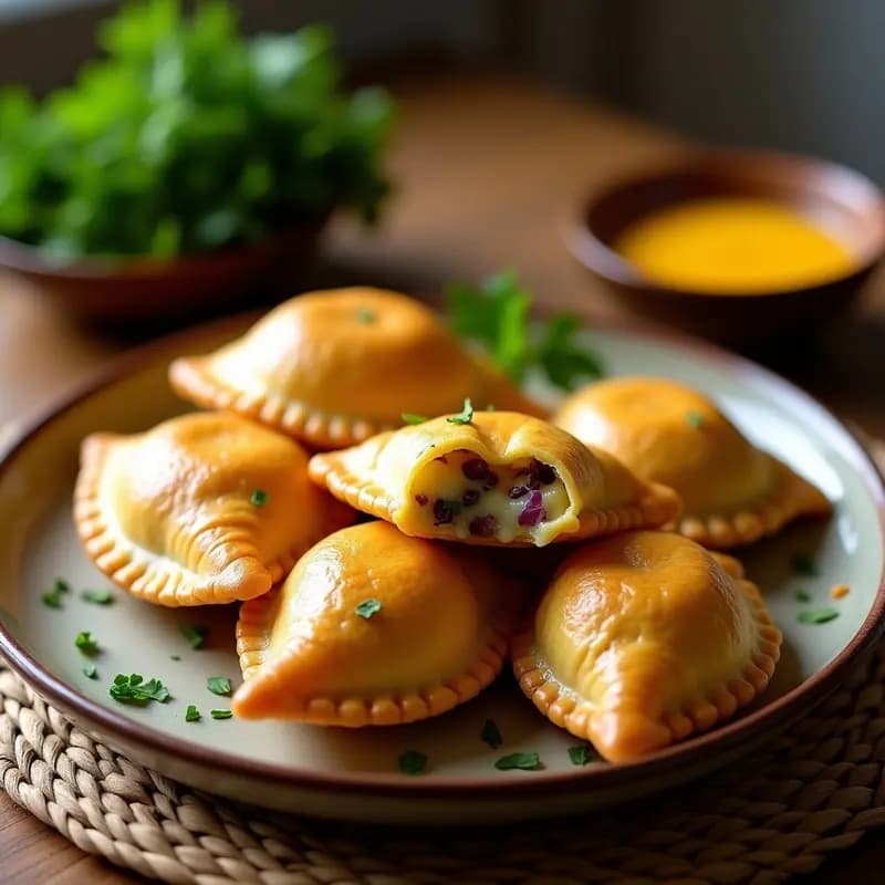 Empanadas brasileñas de yuca y queso de mandioca doradas y crujientes, servidas en una fuente de barro con hierbas frescas. Receta sin gluten y keto.