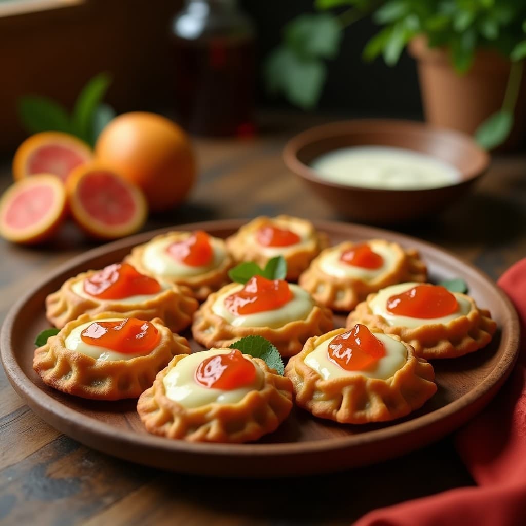 Empanadas doradas y crujientes de yuca rellenas de queso de vaca, con un hilo de mermelada de guayaba brillante en el centro. Plato rústico de madera con fondo de cocina tradicional colombiana.