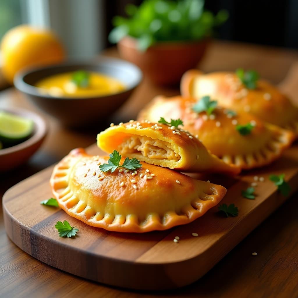 Empanadas doradas y crujientes de yuca rellenas de pollo al ají amarillo, servidas en una fuente de madera con semillas de sésamo visibles y acompañadas de una salsa amarilla cremosa. Receta sin harina en airfryer.