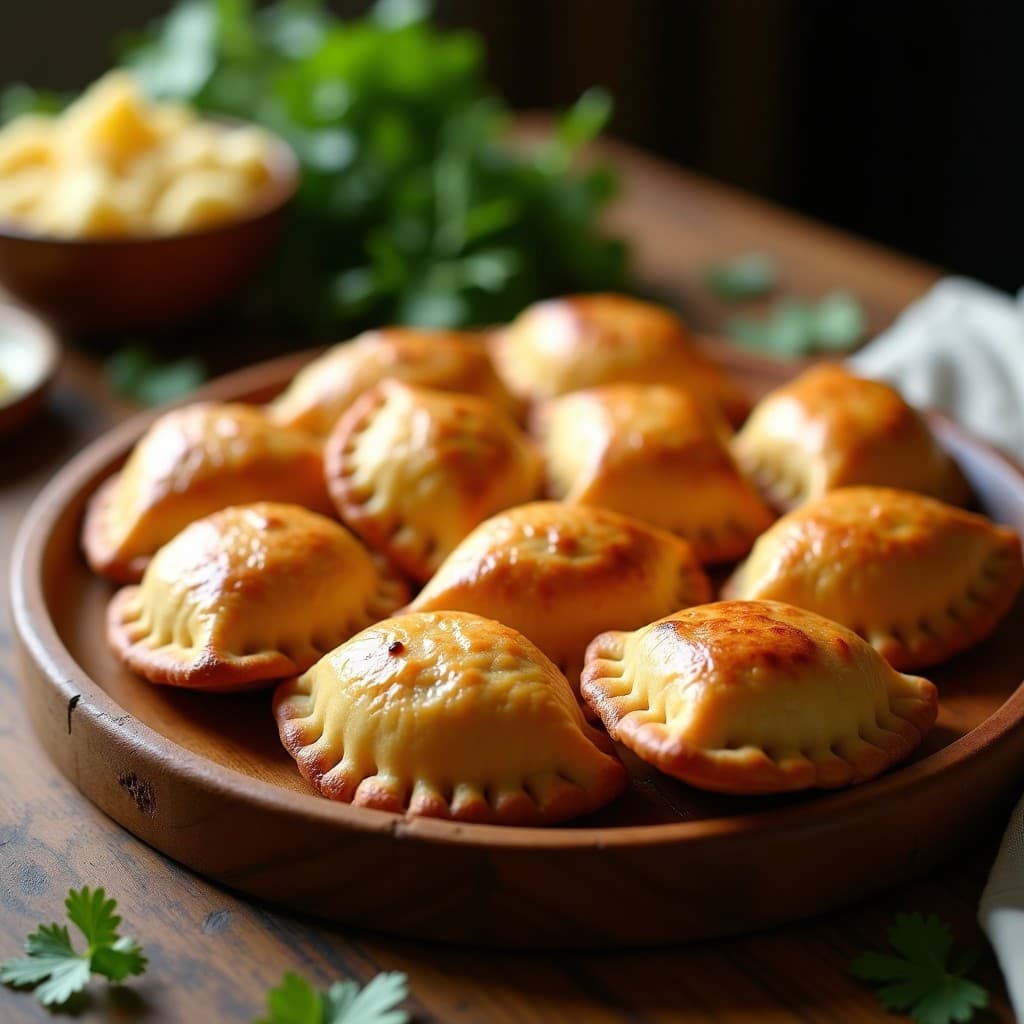 Empanadas doradas de masa de yuca rellenas de carimañola, horneadas a la perfección, con bordes crujientes y un relleno jugoso. Receta colombiana sin gluten servida en bandeja rústica de madera.