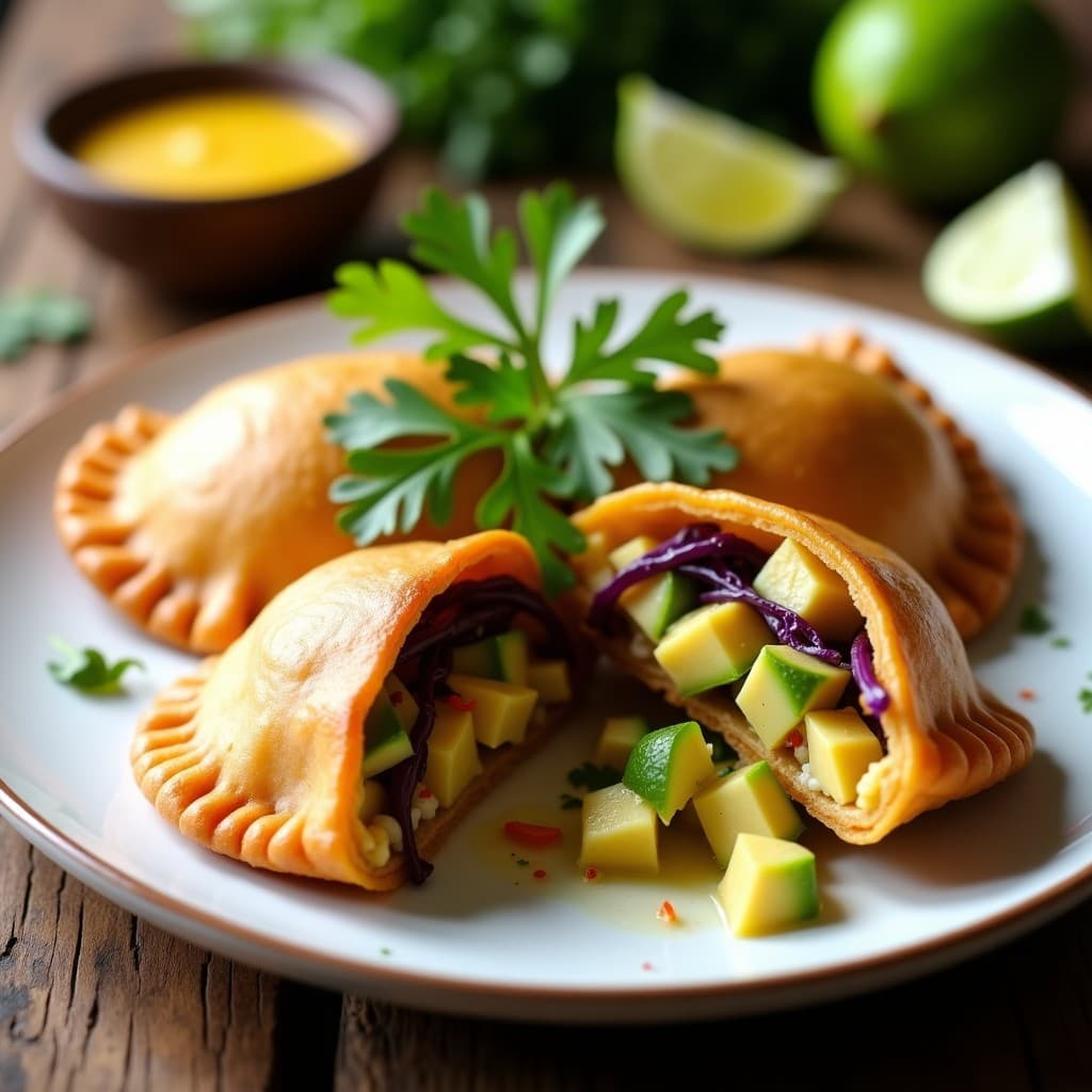 Empanadas doradas de masa de yuca rellenas de ceviche de palmito, servidas en un plato de cerámica blanca con hojas de lechuga morada y cubos de aguacate. Receta peruana sin gluten, crujiente y fresca.