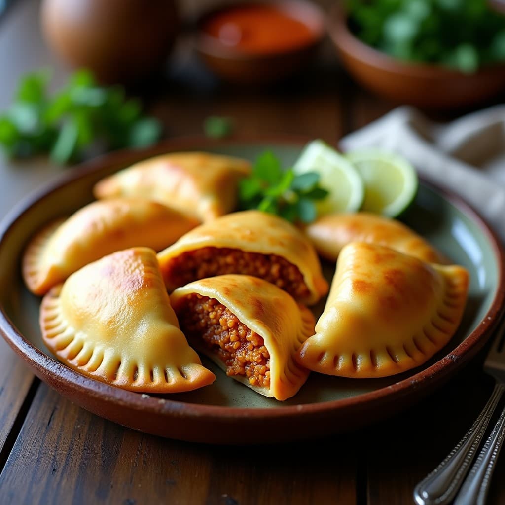 Empanadas doradas de yuca rellenas de seitán al curry, con bordes sellados y textura crujiente, servidas en un plato de barro con cilantro fresco y rodajas de limón, receta vegana sin gluten.