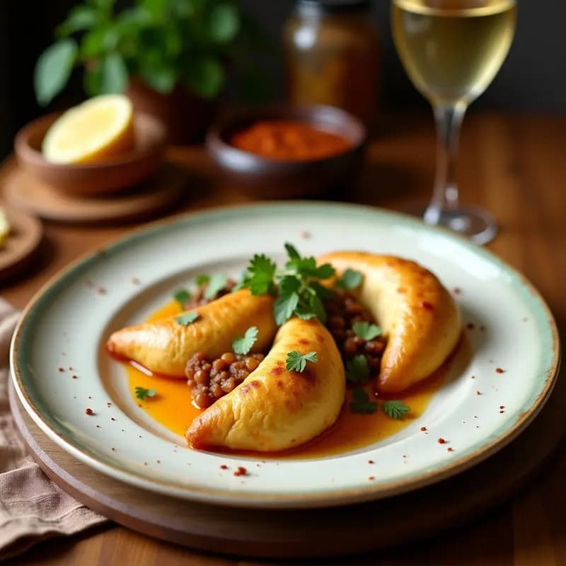 Empanadas doradas y crujientes de masa de yucca rellenas de carne de res desmenuzada con salsa de ají amarillo, servidas en un plato de barro rústico con hojas de cilantro fresco y rodajas de limón al lado, receta ecuatoriana tradicional en olla rápida.