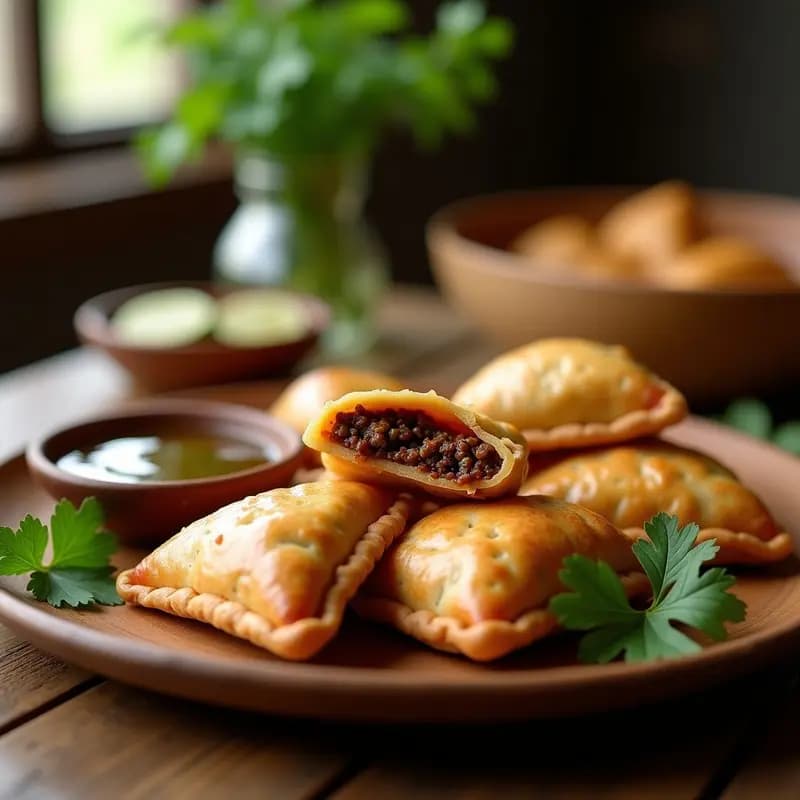 Empanadas doradas y crujientes de masa de yucca rellenas de carne de res especiada, dispuestas en una canasta de airfryer con un fondo rústico de madera. Receta cubana tradicional en airfryer.