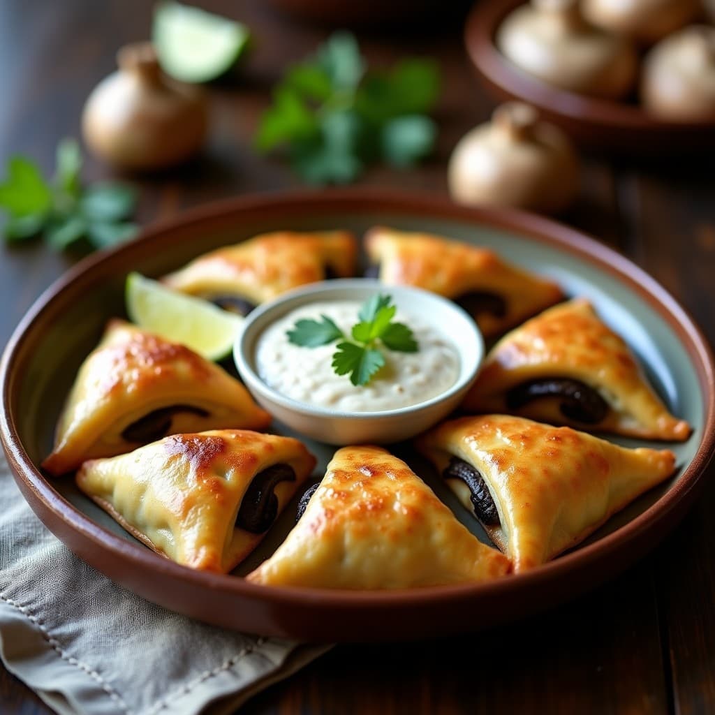 Empanadas doradas y crujientes de masa de yucca rellenas de champiñones Portobello, con bordes sellados en relieve, servidas en un plato de barro con hojas de cilantro y un dip de crema de anacardos al lado. Receta colombiana vegana.