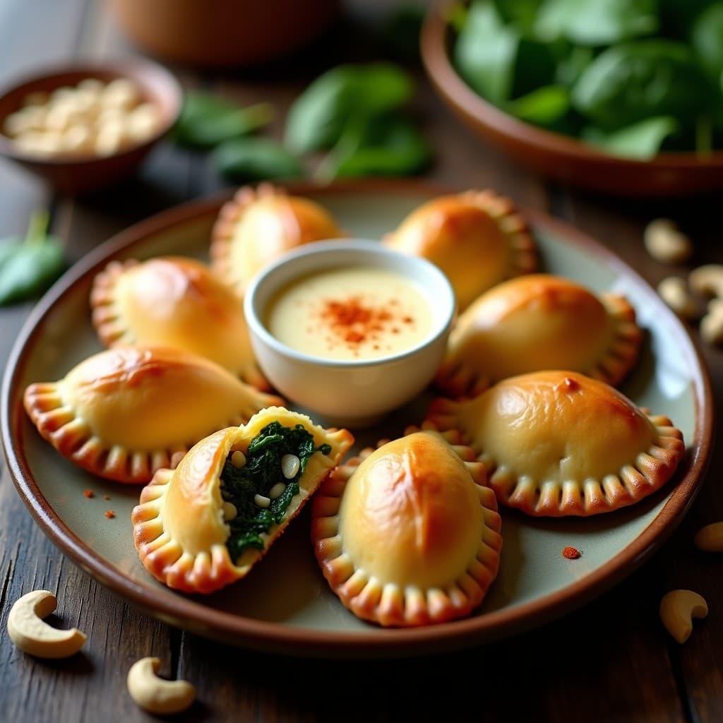 Empanadas doradas y crujientes de yucca rellenas de espinacas y queso de anacardos, servidas en un plato de barro con salsa cremosa al lado. Receta colombiana sin gluten al horno.