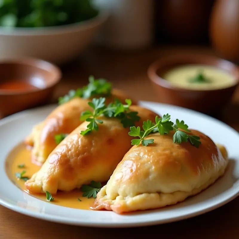 Empanadas doradas de masa de yucca rellenas de picadillo de soja texturizada, con bordes bien sellados y un aspecto crujiente. Servidas en un plato de madera rústico con hojas de laurel y una salsa verde al lado. Receta cubana sin gluten.