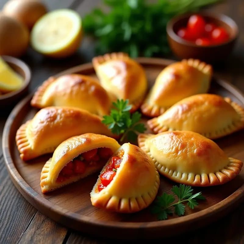 Empanadas gallegas doradas y crujientes con relleno jugoso de zamburiñas y pimentón, servidas en una fuente de madera rústica con perejil fresco y limón en rodajas.