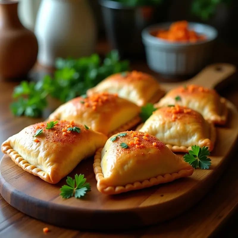 Empanadas gallegas doradas y crujientes rellenas de zamburiñas y pimentón, servidas en una fuente de madera rústica con un toque de perejil fresco.