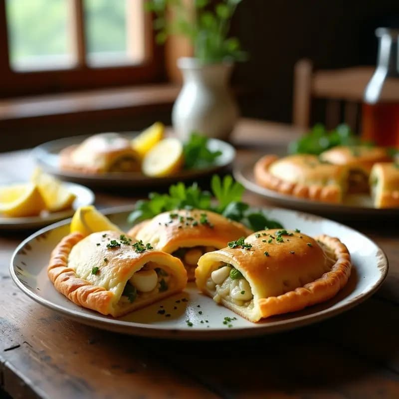 Empanadas gallegas doradas y crujientes con relleno cremoso de zamburiñas y pimiento del Padrón, servidas en una fuente de barro rústica con perejil fresco.