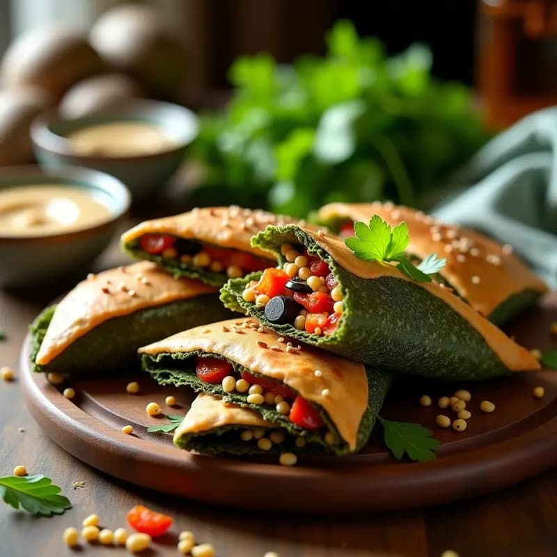 Empanadillas doradas con masa de algas nori y relleno de quinoa y pimientos asados, decoradas con semillas de sésamo, sobre una tabla de madera rústica con hierbas frescas al lado. Plato vegano, sin gluten y lleno de color.