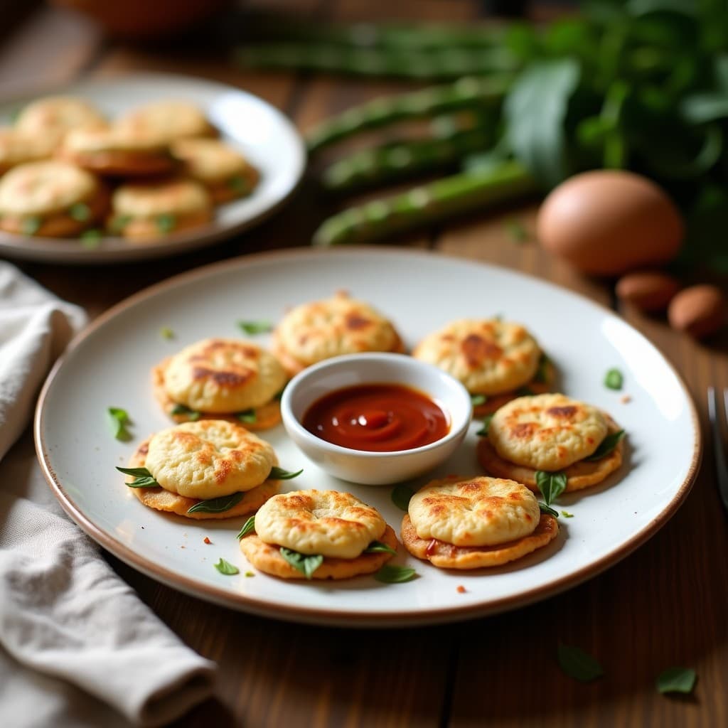 Empanadillas doradas y crujientes de harina de almendra rellenas de espárragos trigueros, servidas en un plato de cerámica blanca con un bol de salsa romesco espesa y oscura al lado. Receta española keto.