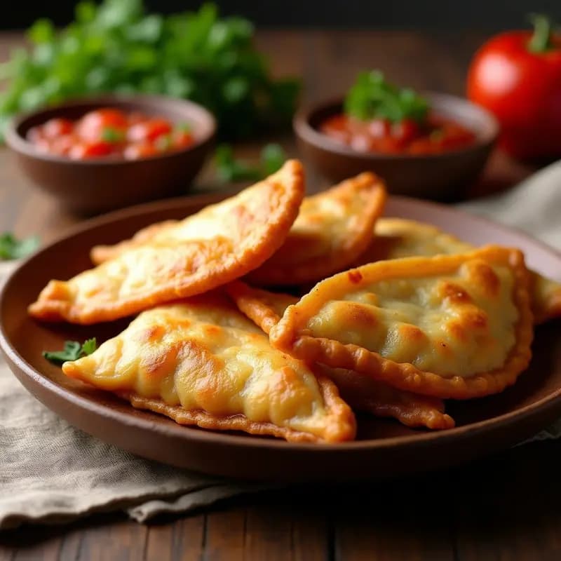 Empanadillas argentinas doradas y crujientes fritas, con relleno jugoso de carne y cebolla caramelizada, dispuestas en un plato de madera rústico con salsa criolla al lado.