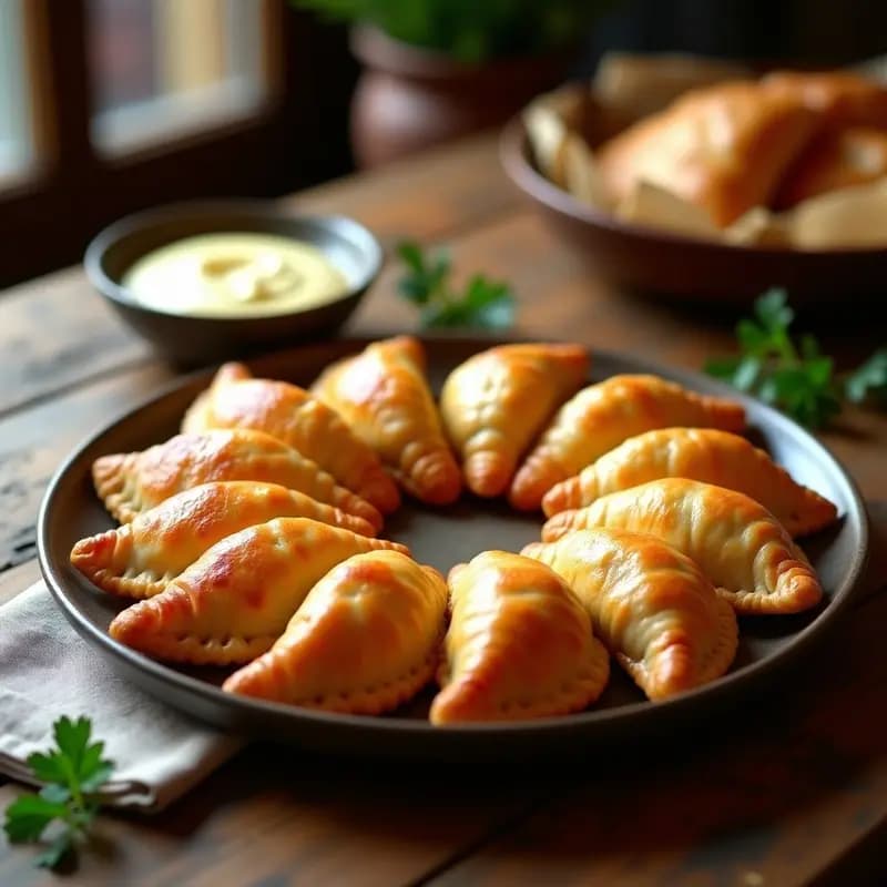 Bandeja de empanadillas de bacalao y pimiento rojo doradas y crujientes, con relleno jugoso asomando por los bordes, sobre papel de horno rústico. Receta gallega tradicional y fácil.