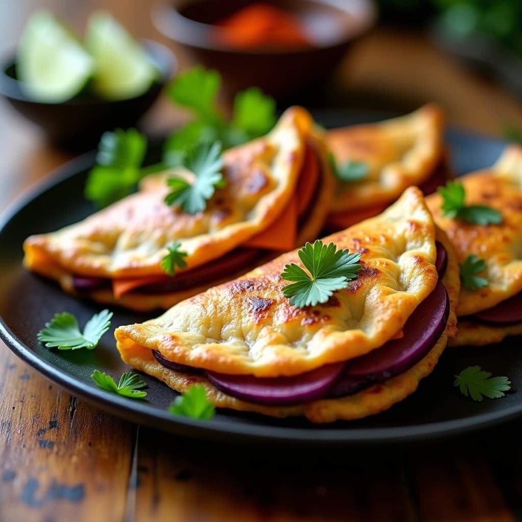 Empanadillas brasileñas veganas doradas y crujientes en airfryer, rellenas de batata morada vibrante y queso cremoso de anacardos, servidas en un plato de cerámica negra con hojas de cilantro fresco.