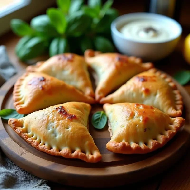 Empanadillas doradas y crujientes de berberecho y albahaca con masa de espelta, horneadas en airfryer, servidas en una tabla de madera rústica con hojas de albahaca fresca y una salsa de yogur al lado.