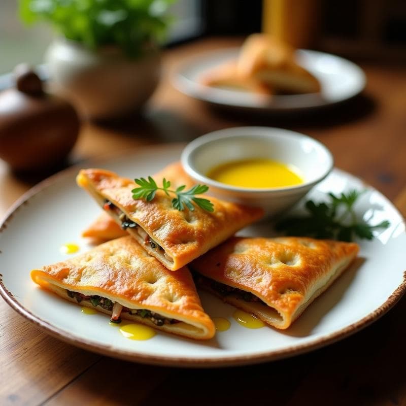 Empanadillas doradas y crujientes de berenjena y merluza servidas en un plato blanco con salsa de azafrán dorada al lado, decoradas con perejil fresco. Receta española en airfryer.