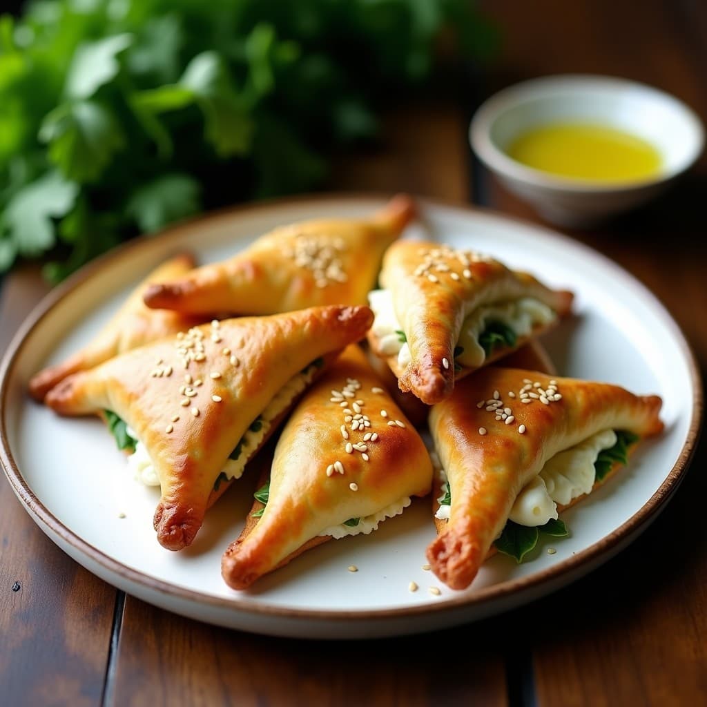 Empanadillas doradas y crujientes de berros y queso de cabra con masa de espelta, servidas en un plato rústico con semillas de sésamo y un chorrito de aceite de oliva, receta keto en airfryer.