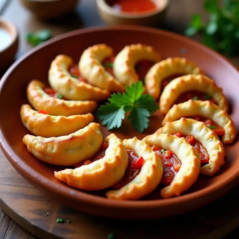 Empanadillas doradas y crujientes dispuestas en una fuente de barro, rellenas de bonito desmenuzado y pimiento del piquillo asado, con un toque de perejil fresco. Receta andaluza tradicional para fiambre.