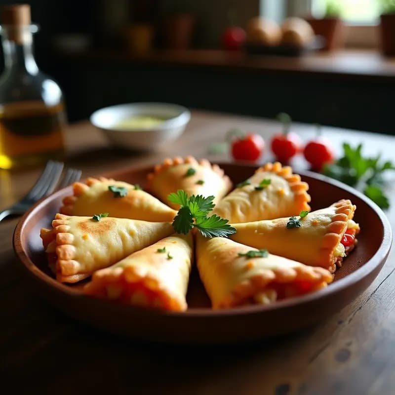 Empanadillas doradas y crujientes rellenas de bonito del norte y pimiento del piquillo, servidas en un plato de madera con perejil fresco, típicas tapas españolas gourmet.