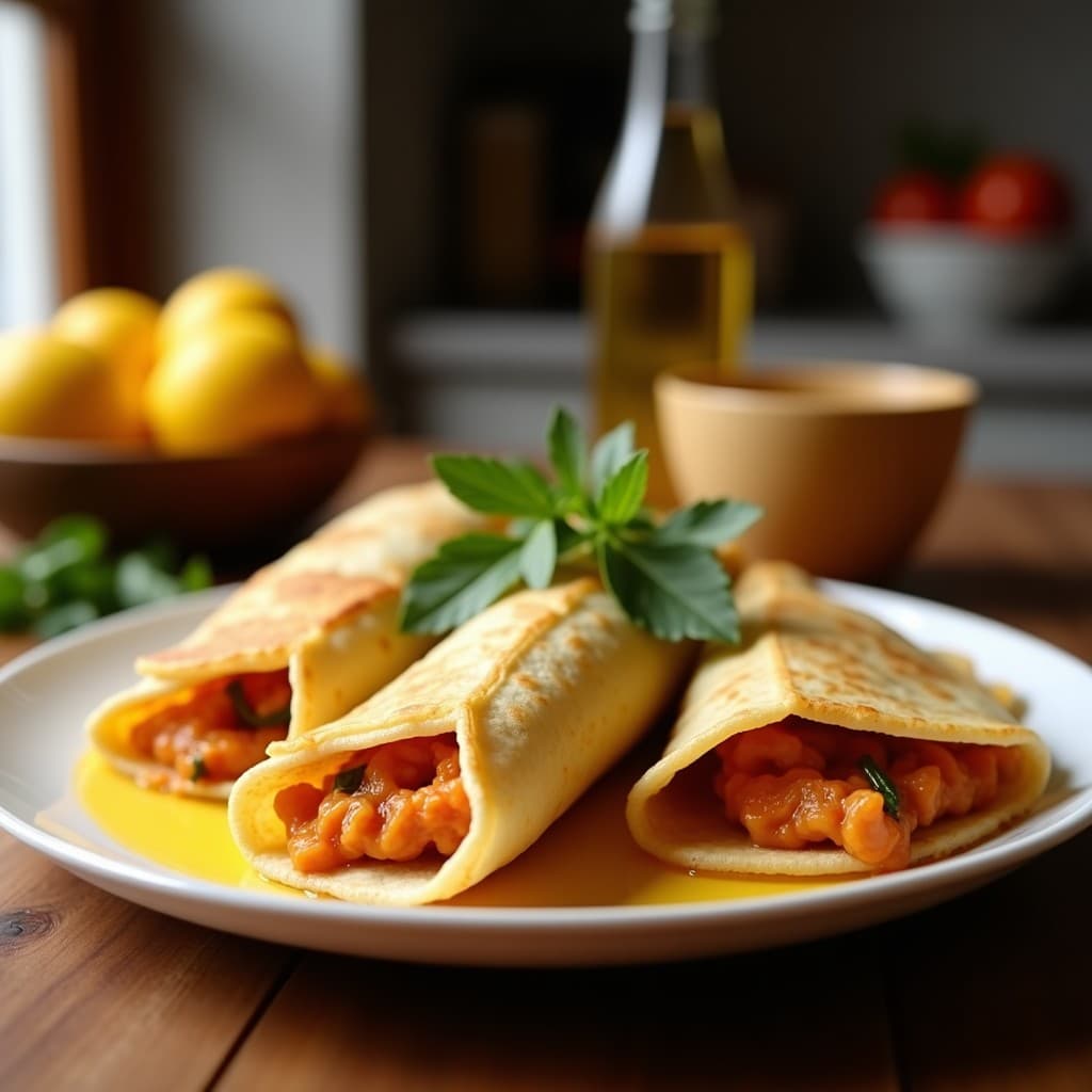 Empanadillas doradas y crujientes de masa de yuca rellenas de carne de pollo desmenuzada y higos, horneadas en Airfryer, sobre un plato de madera rústico con hojas de cilantro fresco y rodajas de limón como decoración. Receta colombiana original sin gluten.