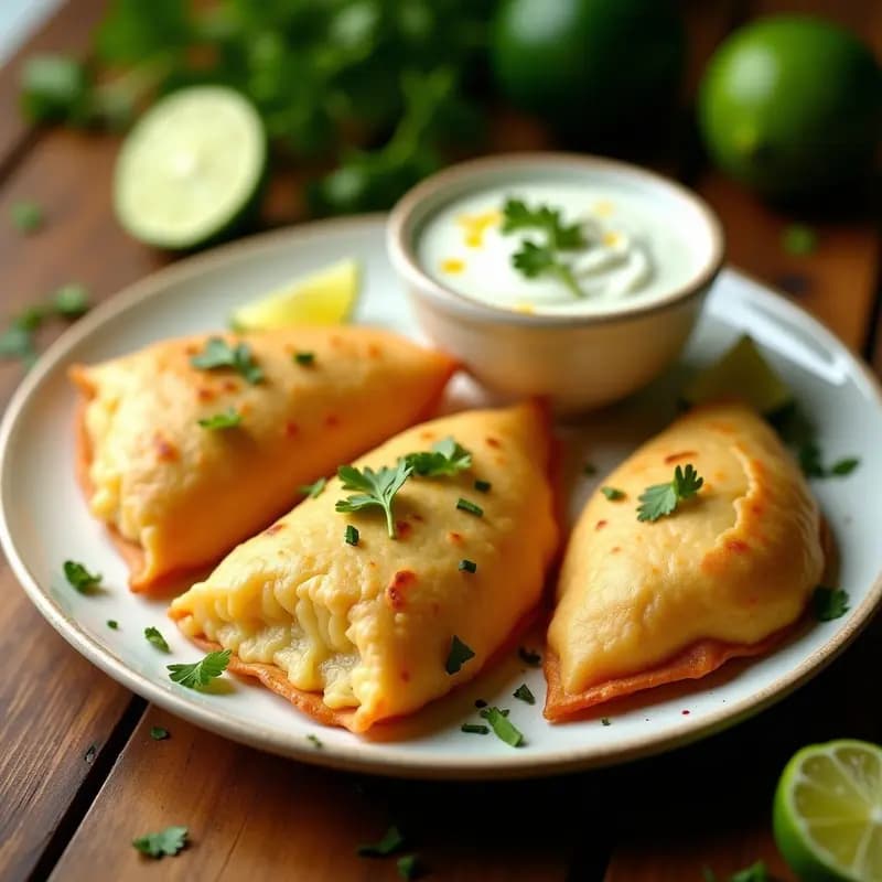 Empanadillas doradas y crujientes de masa de cassava rellenas de pulpa de cangrejo, servidas en un plato blanco con salsa de yogur y cilantro fresco, receta caribeña en airfryer.