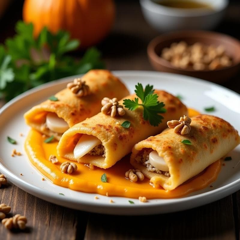 Empanadillas doradas y crujientes de chiringayo rellenas de pescado y queso, servidas sobre un puré cremoso de calabaza aucama, decoradas con nueces picadas y perejil fresco. Plato keto con toque andino, cocinado en airfryer.