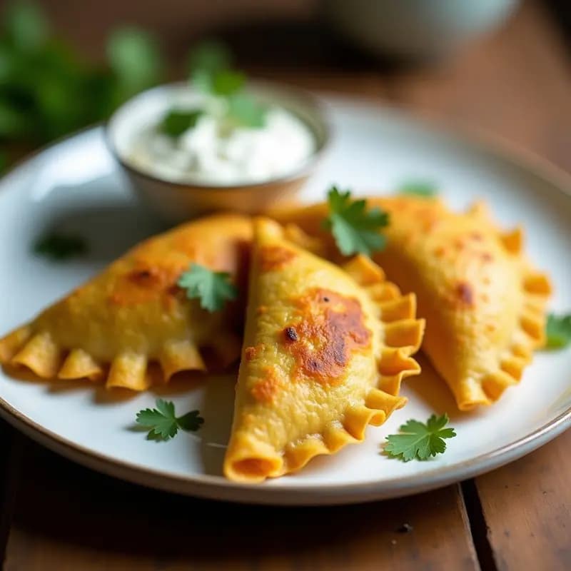 Empanadillas doradas y crujientes de masa de col rellenas de pollo al curry, dispuestas en un plato blanco con un poco de yogur griego al lado. Receta rápida en airfryer.