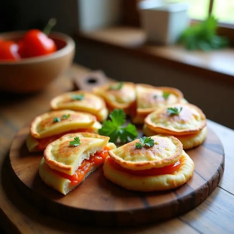 Empanadillas doradas de masa de coliflor rellenas de bacalao desmenuzado y pimientos asados, servidas en una bandeja rústica de madera con perejil fresco. Receta sin gluten en Thermomix.