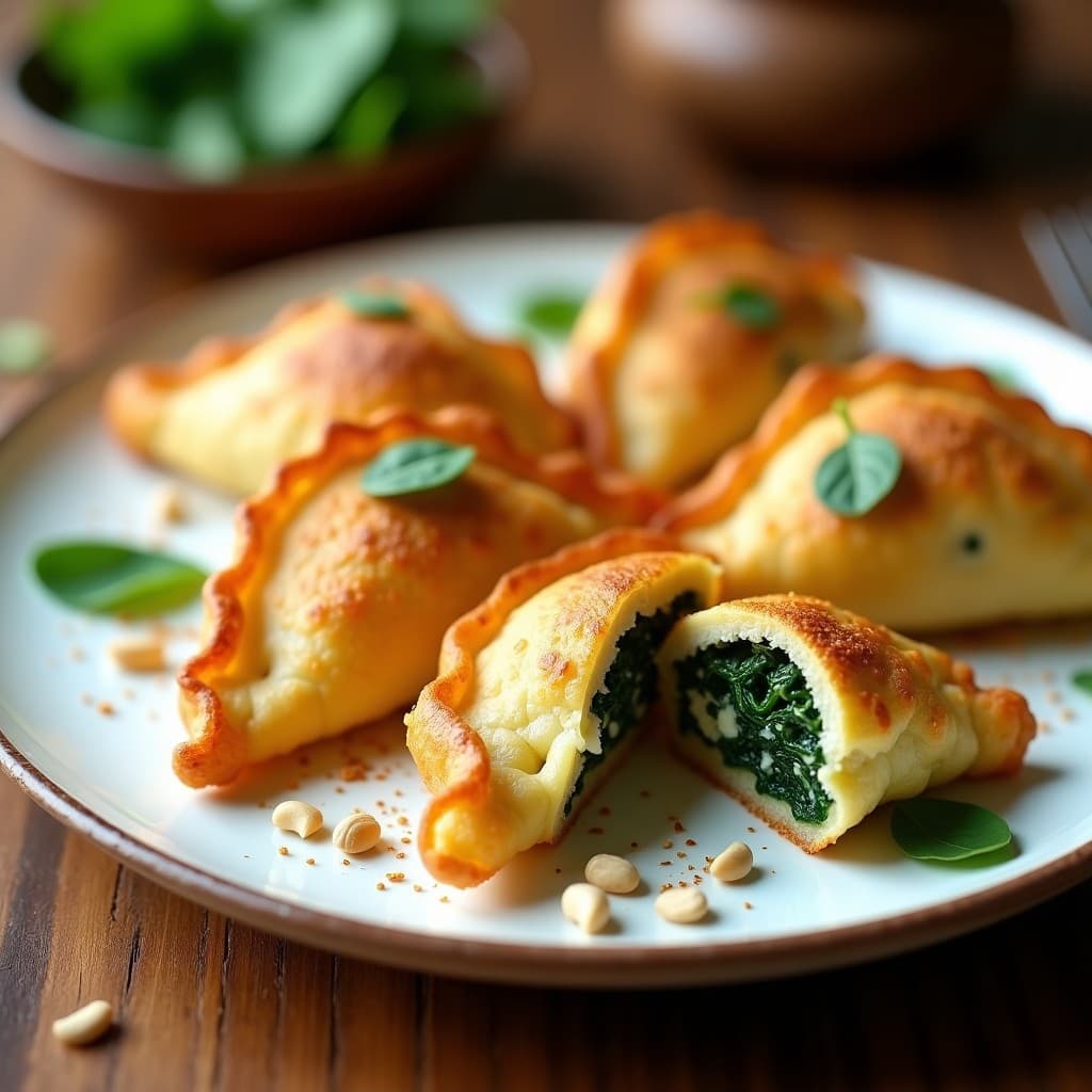 Empanadillas doradas y crujientes de masa de coliflor rellenas de espinacas y piñones, servidas en un plato blanco rústico con un toque de queso de cabra visible en el relleno. Receta keto en airfryer, aperitivo saludable y sin gluten.