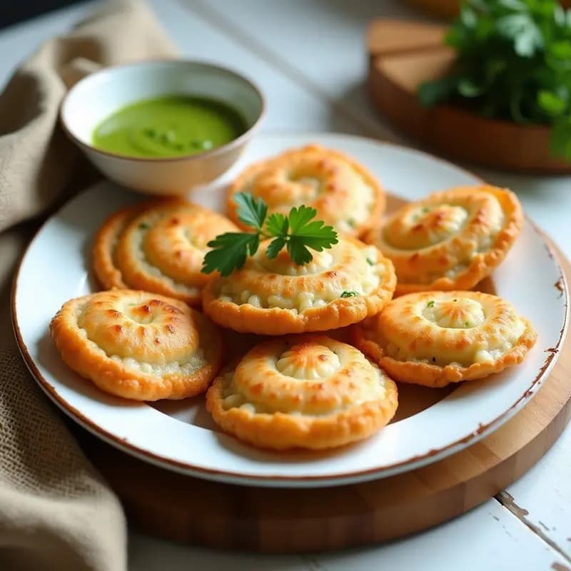 Empanadillas doradas de masa de coliflor rellenas de gambas, servidas en un plato de cerámica blanca con mojo verde espeso al lado, decorado con hojas de perejil fresco.