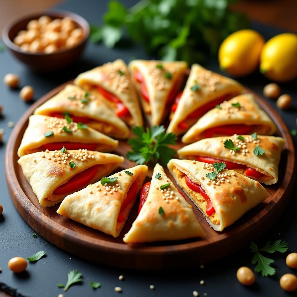 Empanadillas doradas y crujientes de masa de coliflor rellenas de hummus cremoso y pimientos asados, servidas en una fuente de madera con semillas de sésamo espolvoreadas y un chorrito de aceite de oliva, receta keto en airfryer.