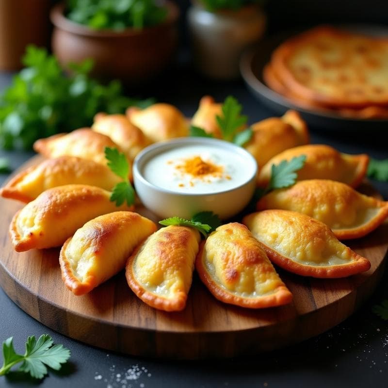 Empanadillas doradas de masa de coliflor rellenas de pollo al curry, dispuestas en una fuente de cerámica blanca con hierbas frescas alrededor. Receta keto en Thermomix, crujientes y apetitosas.