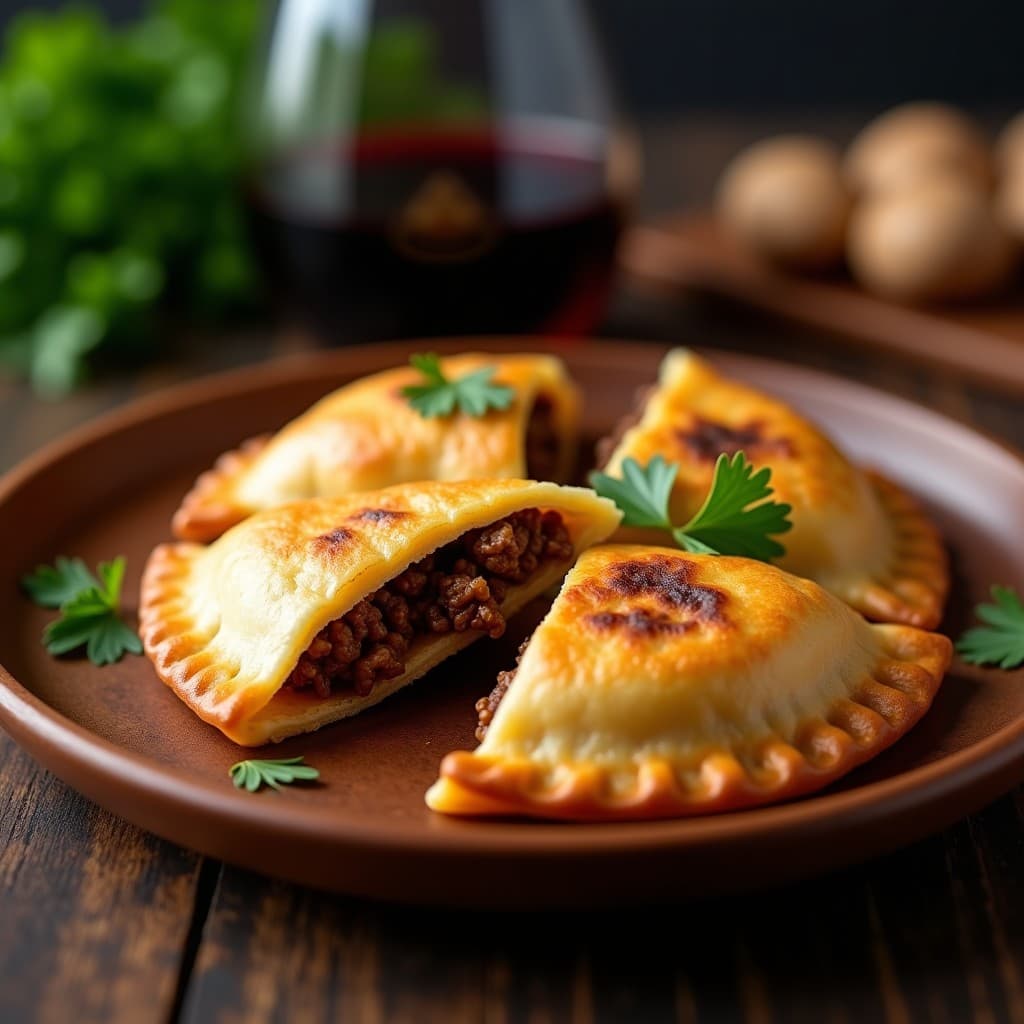 Empanadillas doradas y crujientes de masa de coliflor rellenas de ternera al vino tinto, servidas en un plato de madera rústico con perejil fresco. Receta baja en carbohidratos en airfryer.