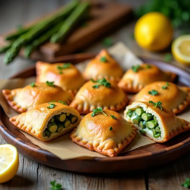 Empanadillas veganas de espárragos y queso de cashew doradas y crujientes, dispuestas en una bandeja de madera con perejil fresco y limón en rodajas. Receta española para tupper.