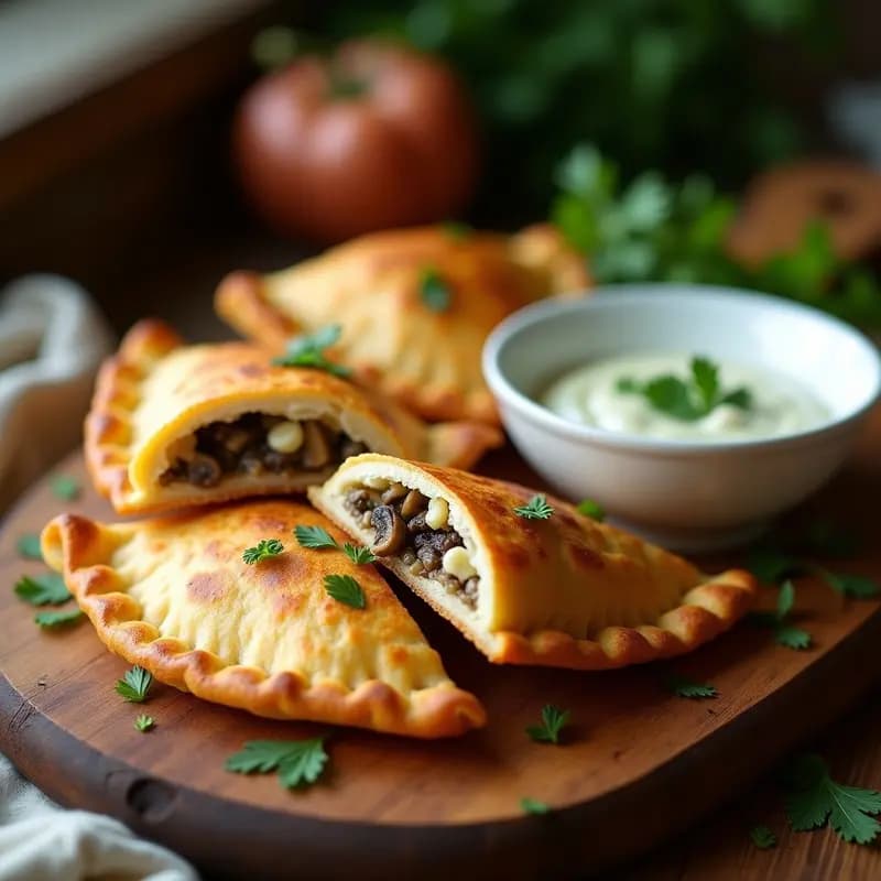 Empanadillas doradas de espelta rellenas de hongos portobello y queso de cabra, servidas en una tabla de madera rústica con hierbas frescas y una salsa blanca al lado. Receta crujiente en airfryer.