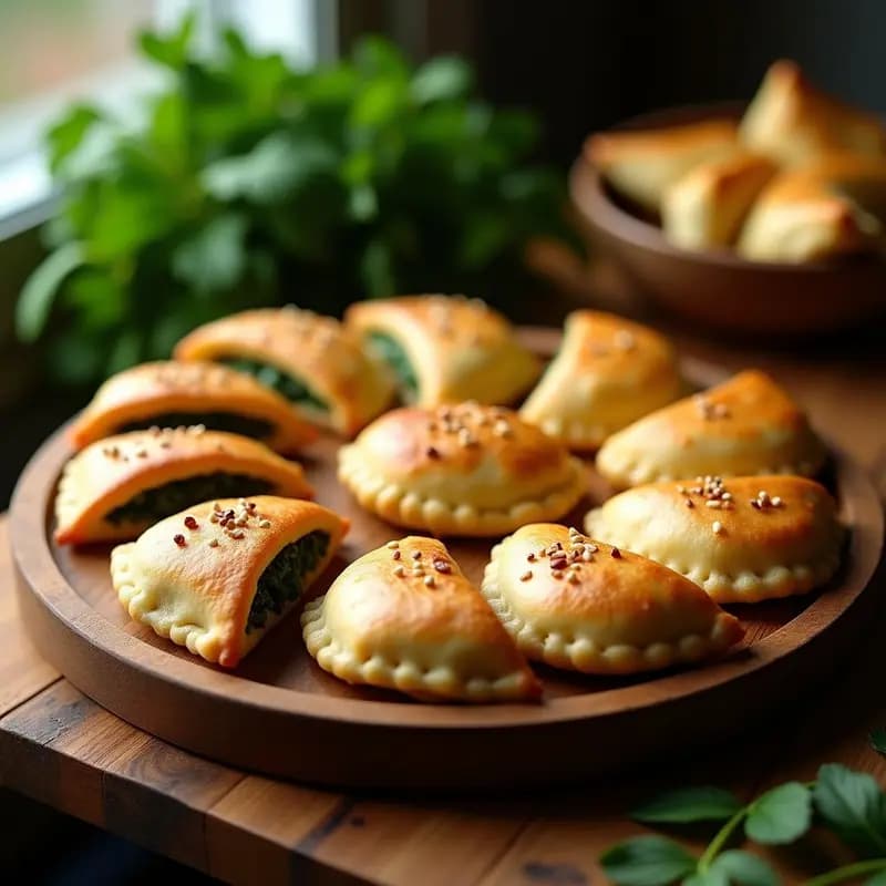 Empanadillas doradas y crujientes de espinaca y queso de almendras con masa de garbanzo, dispuestas en una bandeja de madera rústica con semillas de sésamo. Receta sin gluten perfecta para tupper, con un fondo desenfocado de hierbas frescas.