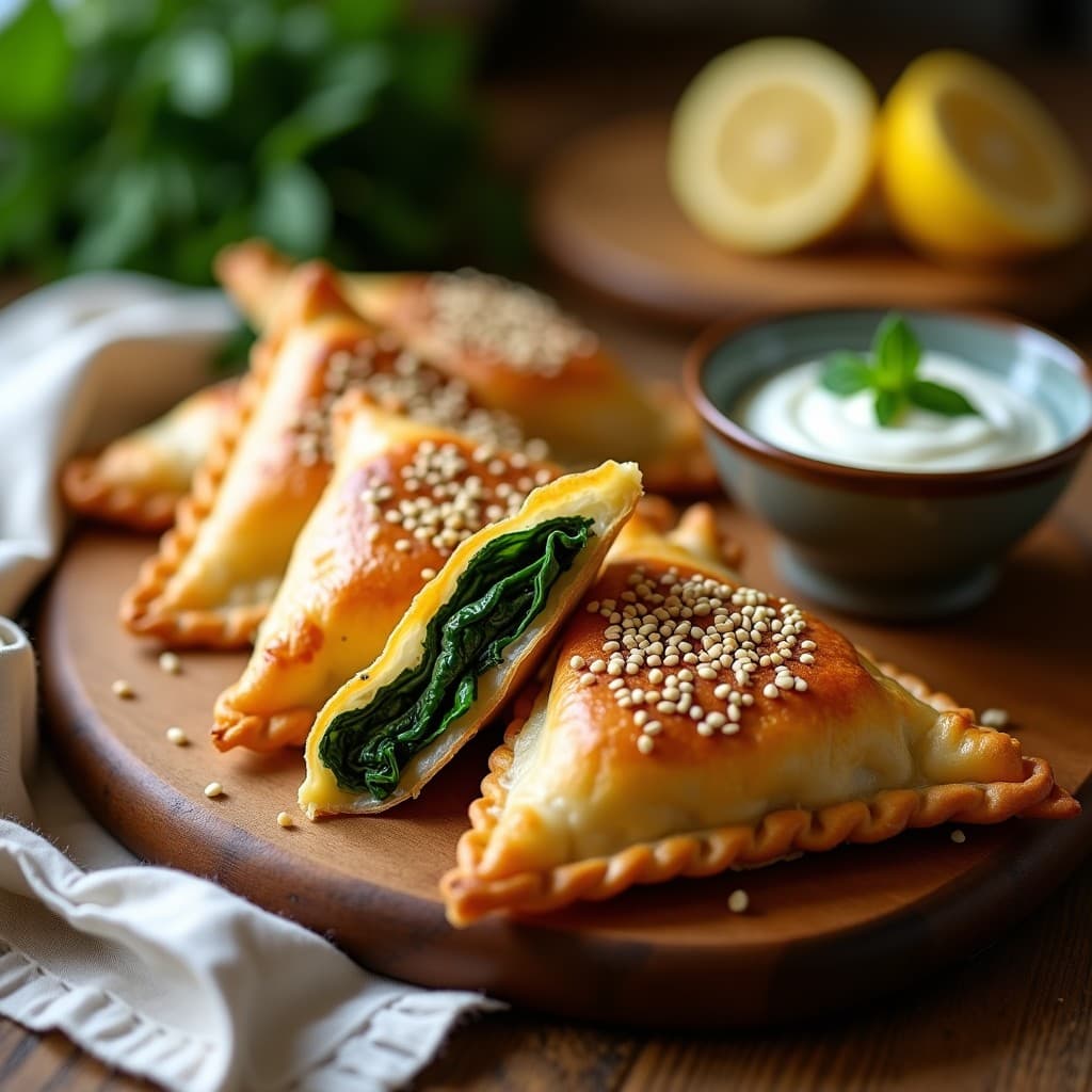 Empanadillas doradas de masa de filo rellenas de espinaca y queso feta, con semillas de sésamo, servidas en una bandeja de madera con yogur griego y limón, receta en airfryer.