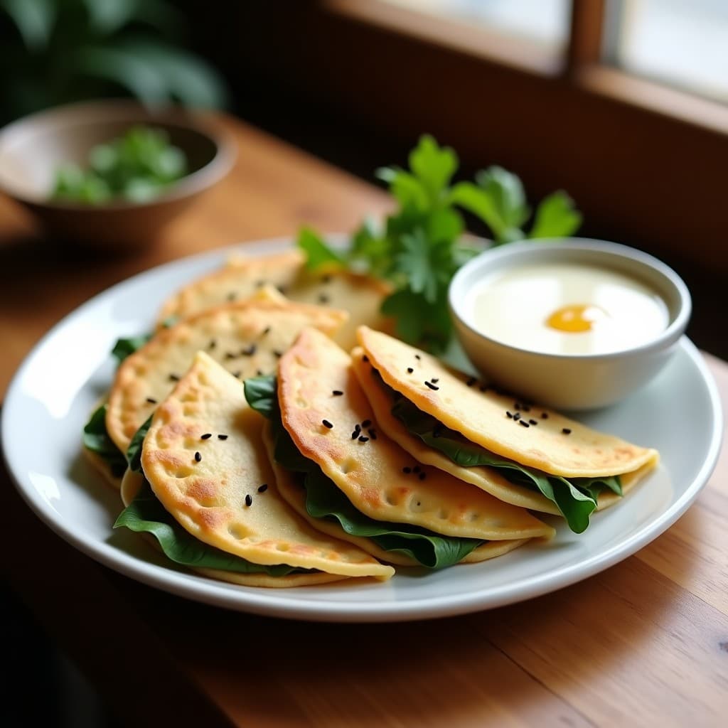 Empanadillas veganas de espinaca y tofu ahumado en olla exprés, servidas en plato de cerámica blanca con salsa de miso cremosa y semillas de sésamo negro, fondo rústico de madera.