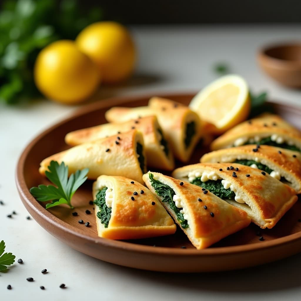 Empanadillas doradas y crujientes de masa de coliflor rellenas de espinaca y tofu, espolvoreadas con semillas de sésamo negro, servidas en un plato de madera rústico con hierbas frescas y rodajas de limón al lado. Receta sin gluten y alta en hierro.