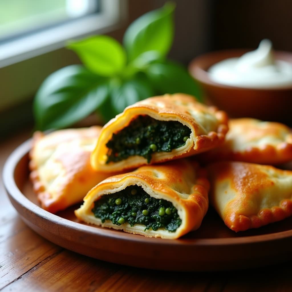 Empanadillas doradas y crujientes de espinacas y tofu ahumado servidas en un plato de madera rústico, con un fondo de hojas verdes y una salsa blanca al lado. Receta española en Airfryer sin huevo.