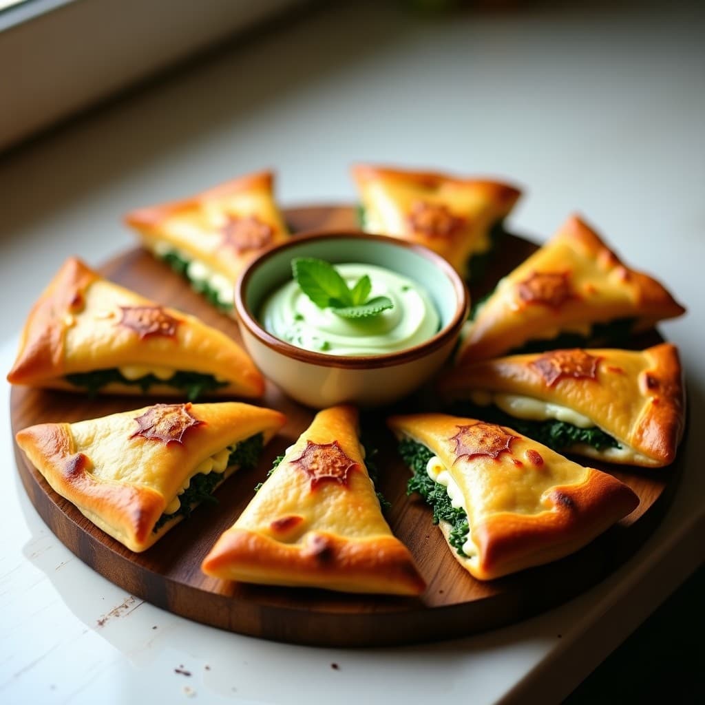 Empanadillas veganas doradas y crujientes rellenas de espinacas y queso de tofu, dispuestas en una bandeja de madera con un dip de yogur verde al lado. Receta para tupper en 30 minutos.