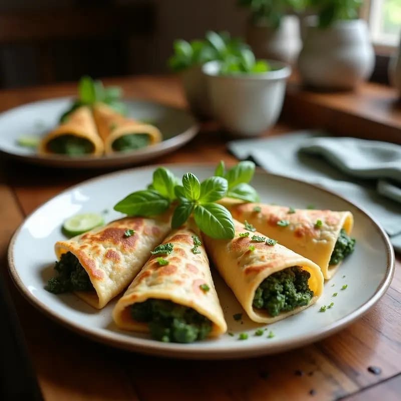Empanadillas doradas y crujientes rellenas de queso de anacardos verde por la espirulina, servidas en un plato blanco con perejil fresco y semillas de sésamo, aperitivo crudivegano con toque umami.