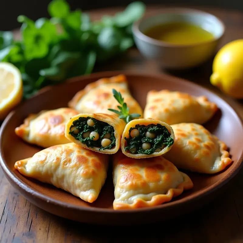 Empanadillas doradas y crujientes de garbanzo y espinacas con masa de berza, dispuestas en una bandeja de madera rústica con hierbas frescas y limones al fondo. Receta portuguesa sin gluten.