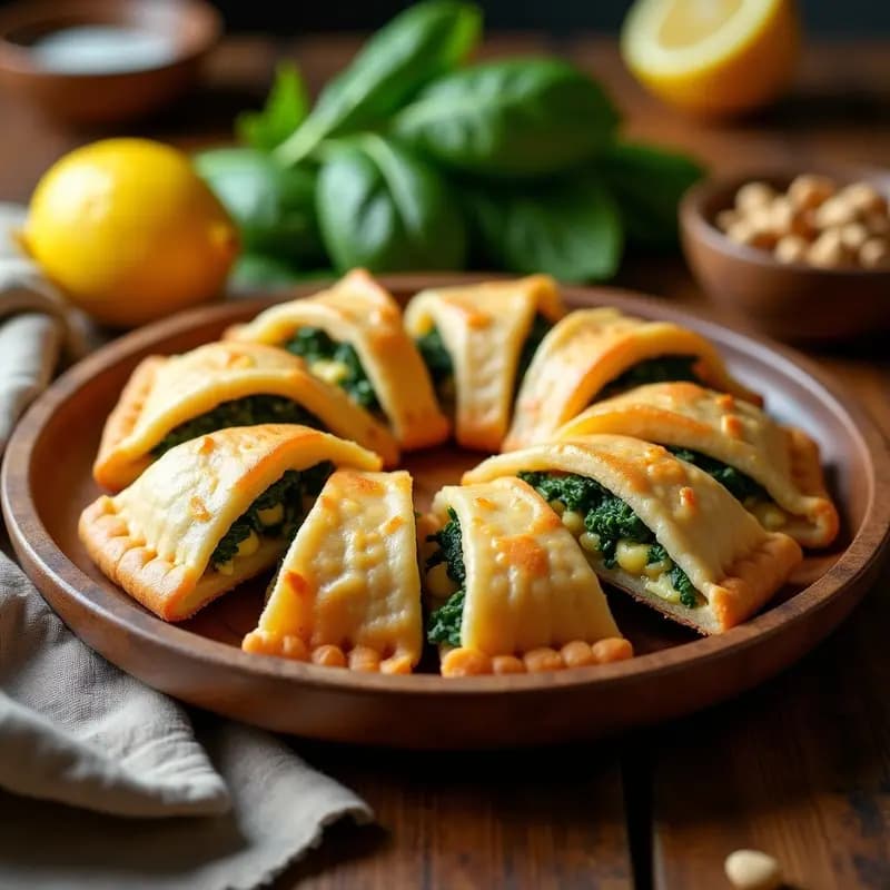 Empanadillas doradas de masa de garbanzo rellenas de espinacas y piñones, dispuestas en una bandeja rústica de madera con hierbas frescas y limón al fondo. Receta andaluza vegana.