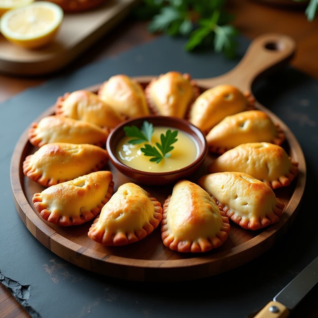 Empanadillas doradas y crujientes de harina de almendra rellenas de brandada de bacalao, dispuestas en una fuente de madera rústica con limón confitado y perejil fresco como decoración, receta keto española en airfryer.