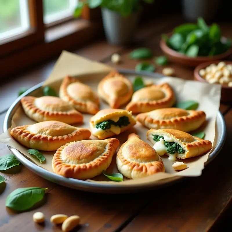 Empanadillas doradas y crujientes de harina de almendra rellenas de espinacas y queso de macadamia, dispuestas en bandeja de horno con papel vegetal, receta sin gluten en Thermomix.