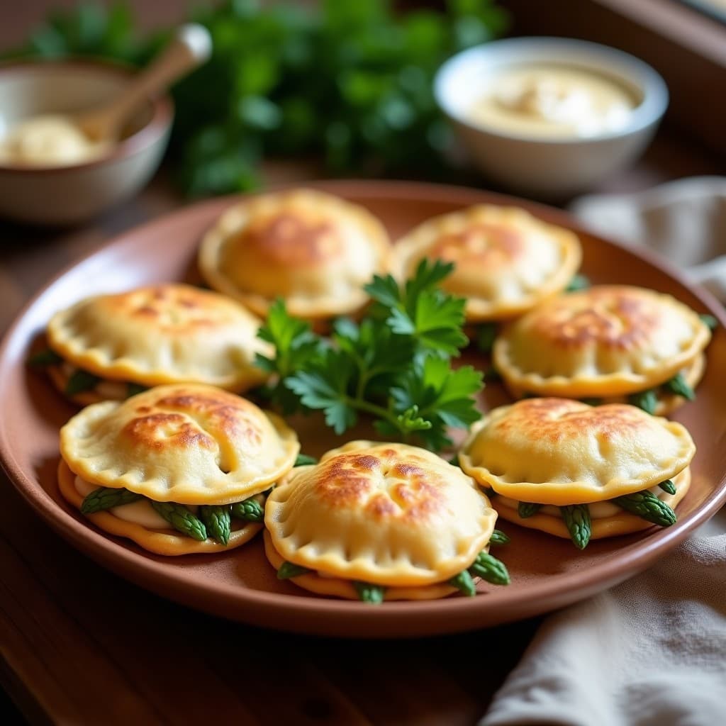 Empanadillas doradas y crujientes de harina de garbanzo rellenas de espárragos trigueros y almendras laminadas, servidas en un plato de barro rústico con ramitas de perejil fresco y un bol pequeño de salsa blanca al lado.