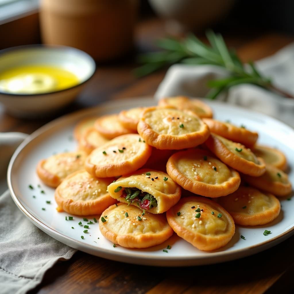 Empanadillas doradas y crujientes de harina de garbanzo rellenas de pimientos del padrón, con semillas de sésamo en la superficie, servidas en un plato de cerámica blanca con alioli vegano al lado. Receta española en airfryer.